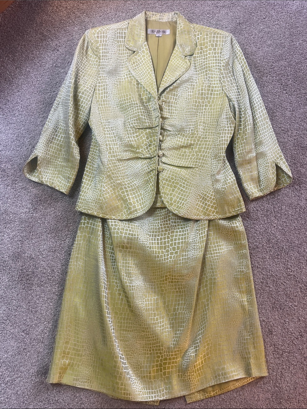🐍Made USA Kay Unger Chartreuse Reptile Print Skirt Blazer Suit Set Vintage sz10